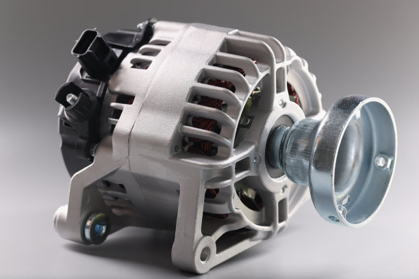 金属电机用电线和插头躺在灰色的表面，生产复杂的设备图片下载