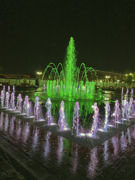 罗斯托夫。俄罗斯。顿河岸边的公园。这张照片是晚上在公园散步时拍的。公园多媒体喷泉表演。图片下载