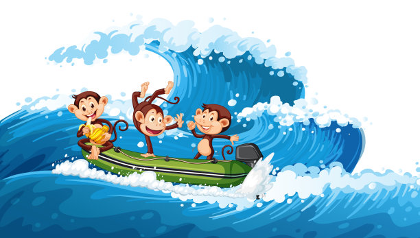小猴子在海浪上的快艇上跳舞图片下载