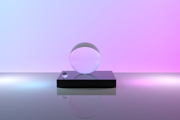 逼真的玻璃透明球在粉蓝色背景插图3D渲染。玻璃球的概念。图片下载