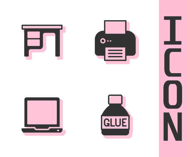 设置胶水办公桌、笔记本电脑和打印机图标图片下载