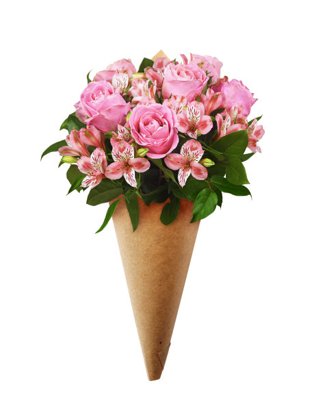 花束粉红色的玫瑰和美菊花在一个棕色的牛皮纸角孤立在白色图片下载