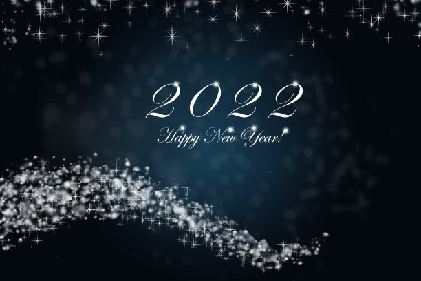 2022年新年快乐。闪闪发光的燃烧数字2022年，蓝色背景上的星星和散景。图片下载