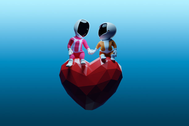 太空男孩和太空女孩手牵着手坐在一颗心上。情人节，男人和女人相爱，恋爱。3 d渲染。图片下载
