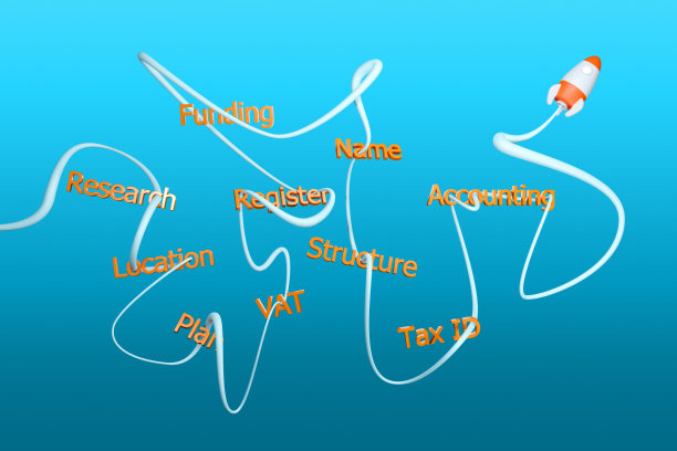 开始一个新的商业理念。卡通火箭通过商业术语导航。成立初创公司。企业家的一生。3 d渲染。图片下载