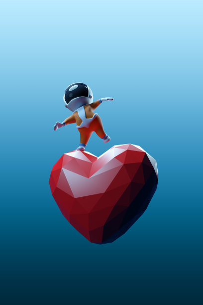 卡通太空人在红色大爱心上跳舞，情人节主题3D渲染图片下载