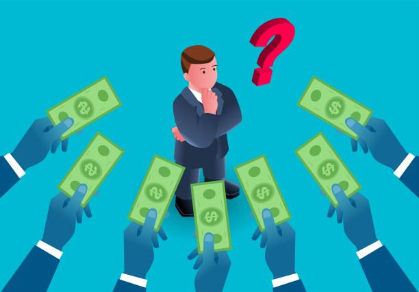 概念说明无数手握着钱伸向困惑的商人，债务税收，业务预算图片下载