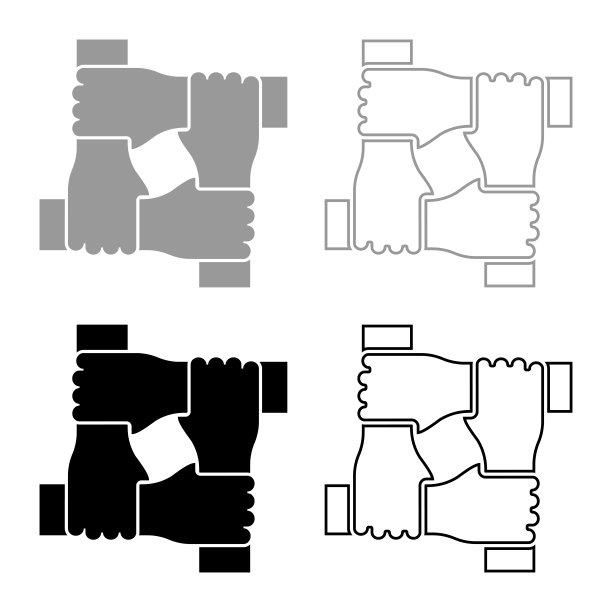 四手同心概念团队合作联合团队领导手臂相互锁在手腕上共同协作集合图标灰色黑色颜色矢量插图图像平面风格实心填充轮廓轮廓线细图片下载