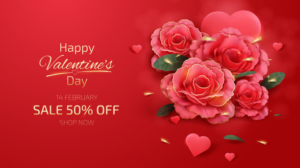 情人节背景与现实的红玫瑰和心形元素，优雅的3D风格。图片下载
