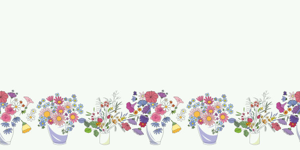 花束无缝矢量边界。带有各种花卉的重复水平图案花瓶。图片下载