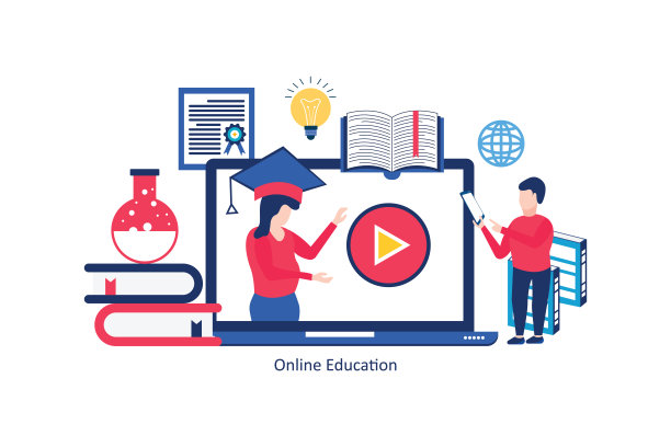 在线教育，e-learning，在线课程概念。学生通过笔记本电脑和手机在线学习图片下载