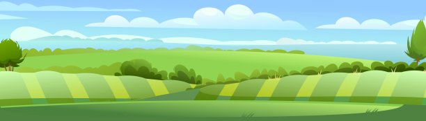 有花坛和灌木的花园小山。农村景观。水平村庄自然插图。可爱的国家。平的风格。向量图片下载