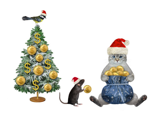 猫发灰，带着一袋金元过圣诞节图片下载