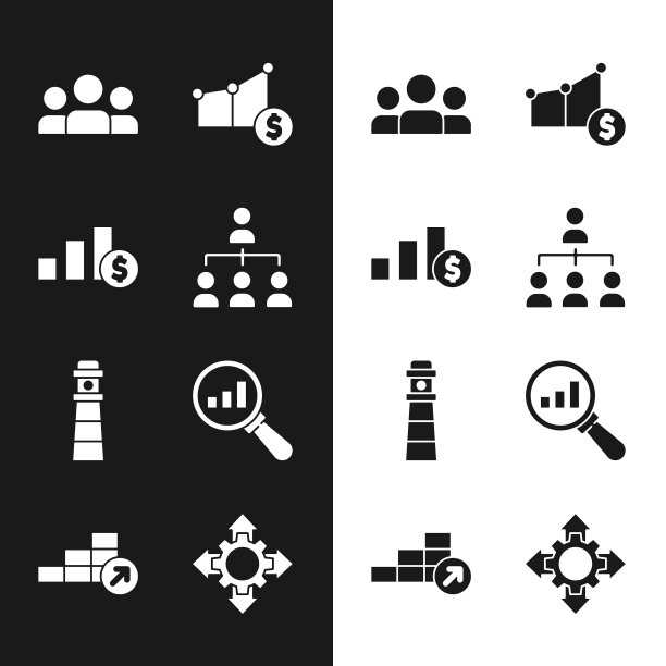 设置层级组织结构图，饼和美元，用户组，灯塔，放大镜分析，项目团队基础和财务增长图标。向量图片下载