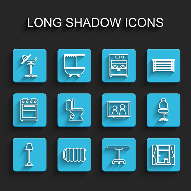 设置线落地灯，暖气散热器，衣帽架，圆桌，窗户与窗帘，马桶，办公椅和相框图标。向量图片下载