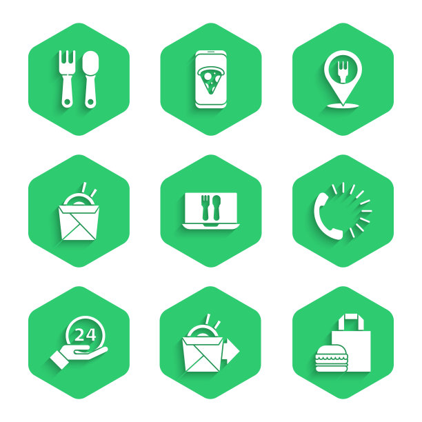 设置在线订购和配送，面条，汉堡，食物，24小时时钟，亚洲筷子，咖啡馆餐厅位置和叉子勺子图标。向量图片下载