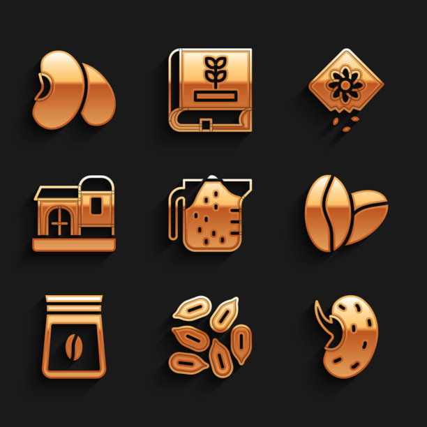 设置测量杯，种子，咖啡豆，袋咖啡，农场房子，包装满种子植物和豆子图标。向量图片下载