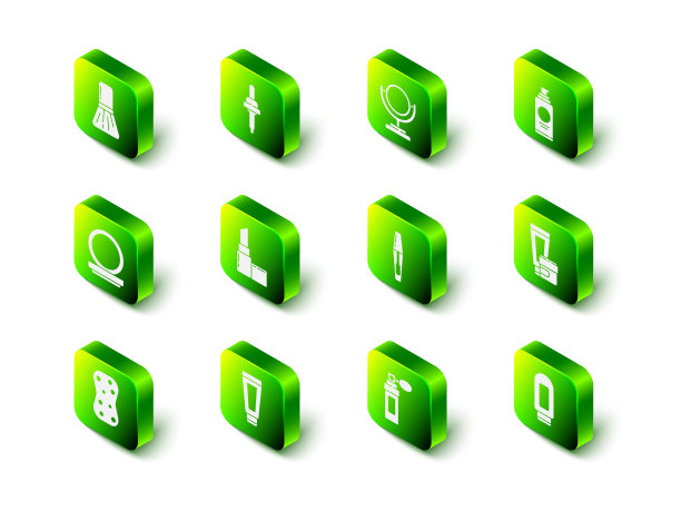 设置吸液器，圆形化妆镜，喷雾罐，发胶，乳液化妆品管，睫毛膏刷，香水和图标。向量图片下载