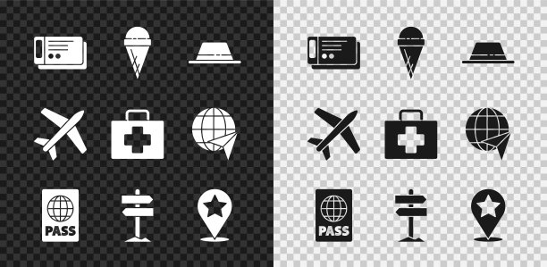 设置旅行票，冰淇淋在华夫筒，男子帽子带，护照，道路交通指示牌，地图指示星，飞机和急救箱图标。向量图片下载