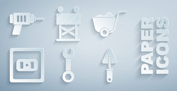 设置扳手、铲子、插座、泥铲、路障和钻机图标。向量图片下载