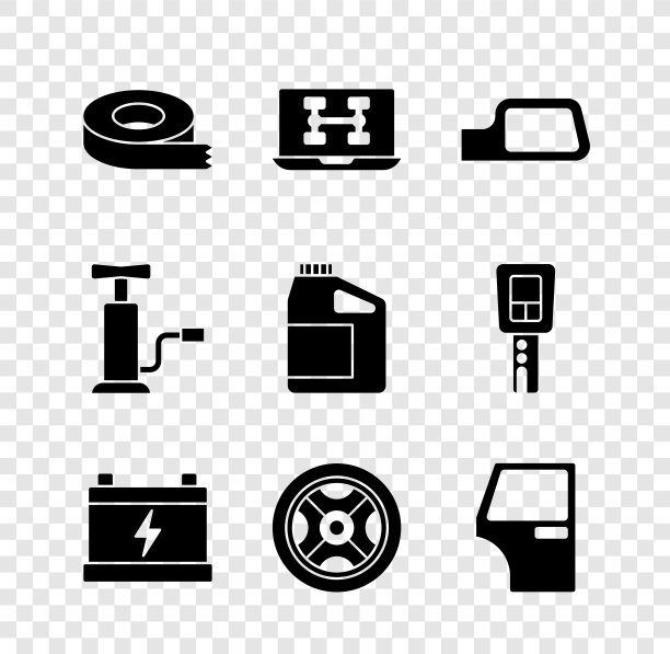 为机油图标设置透明胶带、汽车诊断条件、汽车后视镜、电池、车轮、车门、气泵和油箱。向量图片下载