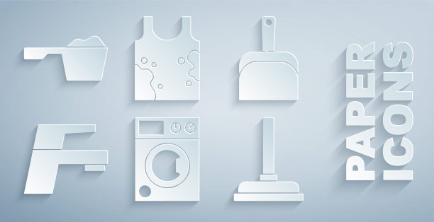 设置洗衣机、畚箕、水龙头、橡胶活塞、脏t恤和洗衣粉图标。向量图片下载