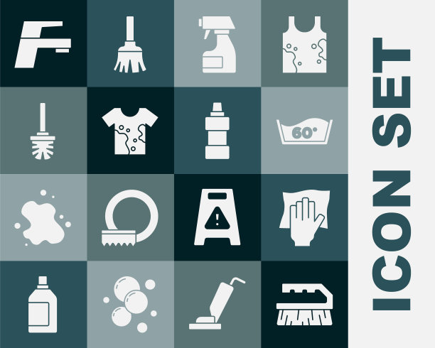 设置刷用于清洁，清洁服务，温度清洗，喷瓶，脏t恤，厕所刷，水龙头和瓶子代理图标。向量图片下载