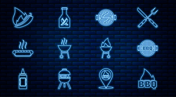 设置线烧烤火焰火焰，烧烤，香肠，热狗三明治，辣椒辣椒豆荚，番茄酱的瓶子图标。向量图片下载