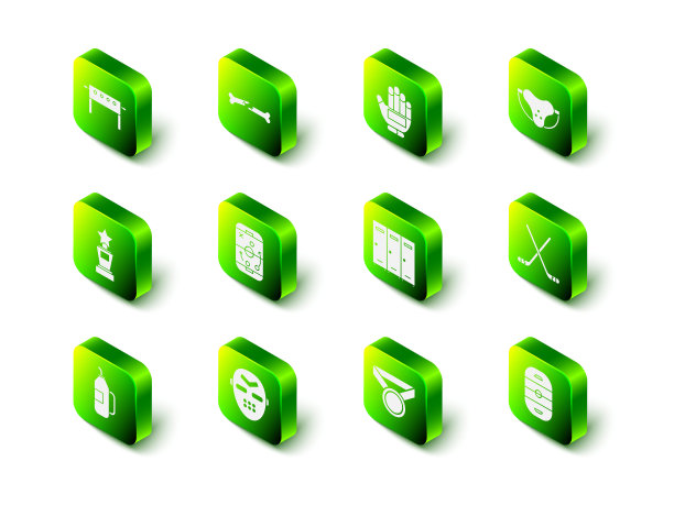 设置人的骨折，曲棍球手套，保护性运动护具，冰球棍，溜冰场，更衣室，奖章和面具图标。向量图片下载