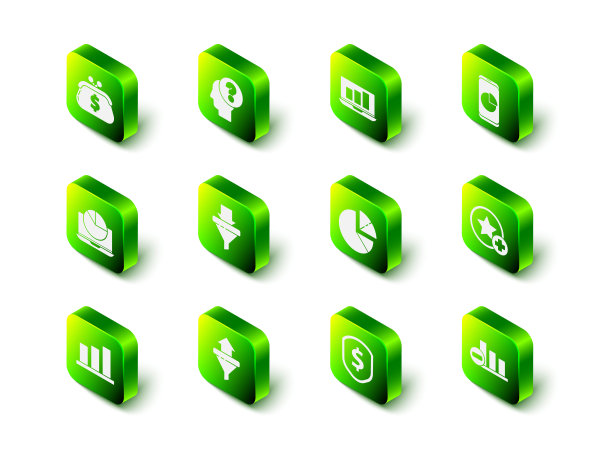 设置人头问号，笔记本电脑图表，手机，星形图，饼图信息图，盾美元和销售漏斗箭头图标。向量图片下载