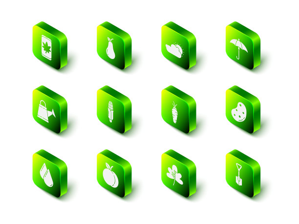 设置梨，太阳和云天气，雨伞，土豆，铲子，胡萝卜，叶子或叶子和桃子水果图标。向量图片下载