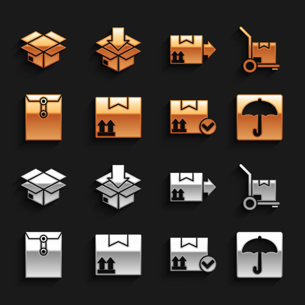 设置有交通标志的纸板箱，手推车和箱子，雨伞，包装检查标志，信封，纸箱纸板和图标。向量图片下载
