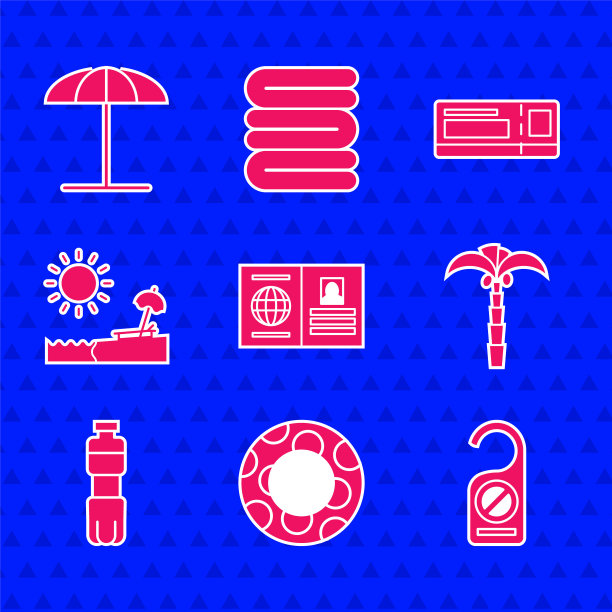 配备护照、橡胶游泳圈、请勿打扰、热带棕榈树、水瓶、带伞、带椅的沙滩、旅游票、沙滩标志防晒用品。向量图片下载