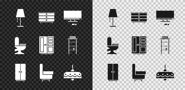 设置台灯，抽屉柜，智能电视，衣柜，扶手椅，吊灯，马桶和图标。向量图片下载