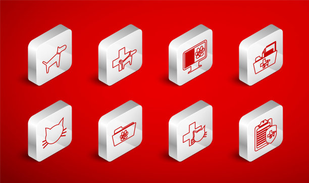 在监视器上设置“临床记录宠物”、“兽医诊所”、“医学兽医文件夹”、“狗”和“猫”图标。向量图片下载