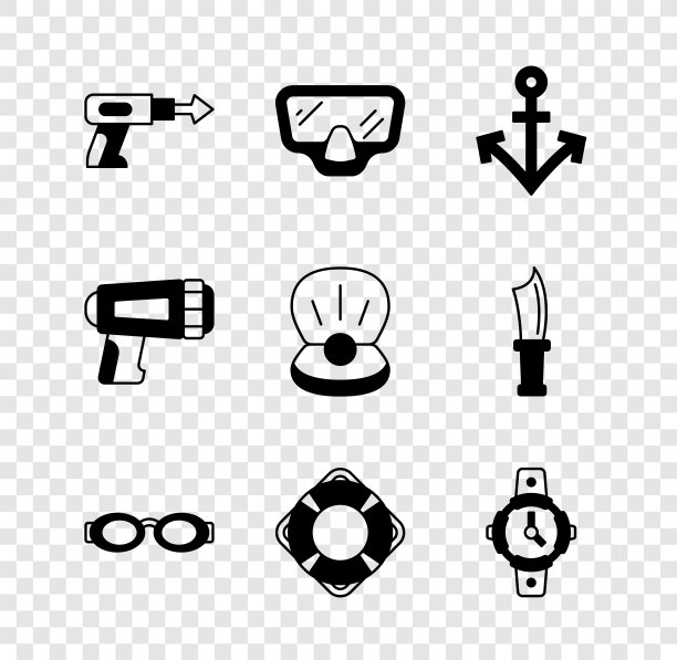 设置鱼叉，潜水面罩，锚，游泳眼镜，救生圈，手表，潜水手电筒和珍珠图标。向量图片下载