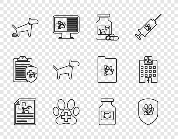 设置狗或猫的医疗证明，动物健康保险，狗药瓶和药片，兽医诊所，便便，猫和医院图标。向量图片下载