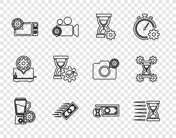 设置线搅拌机碗设置，旧沙漏沙，沙漏，快速支付，微波炉，和图标。向量图片下载