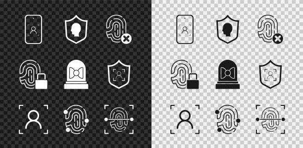 设置移动和人脸识别，用户保护，拒绝指纹，脸，指纹，锁定和运动传感器图标。向量图片下载