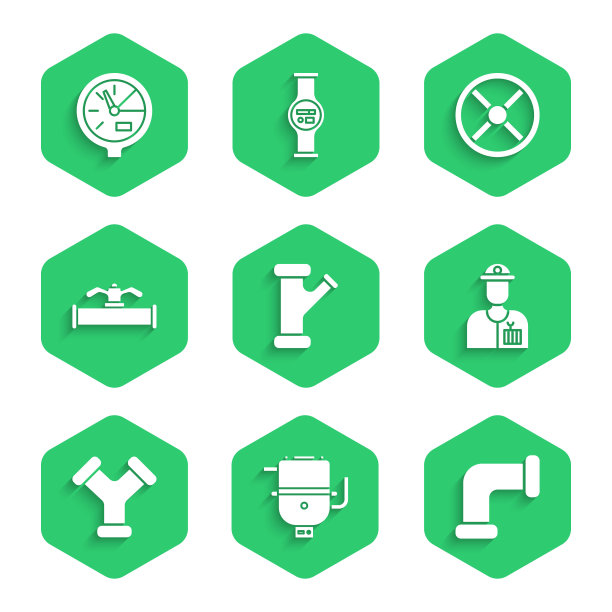 设置工业金属管道、电热锅炉、水管工、阀门、水表图标。向量图片下载