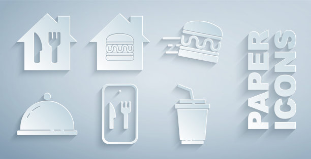 设置在线订购和配送，汉堡，覆盖托盘的食物，纸玻璃水，和图标。向量图片下载