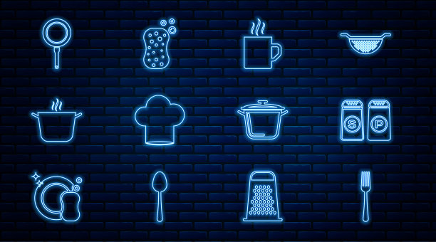 设置线叉子，盐和胡椒，咖啡杯，厨师帽，煮锅，煎锅，海绵泡沫图标。向量图片下载