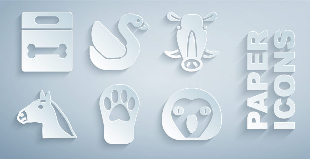 集爪印，野猪头，马，猫头鹰鸟，天鹅和狗骨图标。向量图片下载