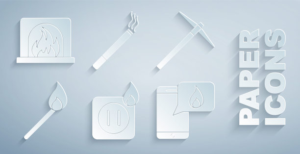 设置插座的电线接线，鹤嘴锄，燃烧火柴，电话紧急呼叫911，香烟和室内壁炉图标。向量图片下载