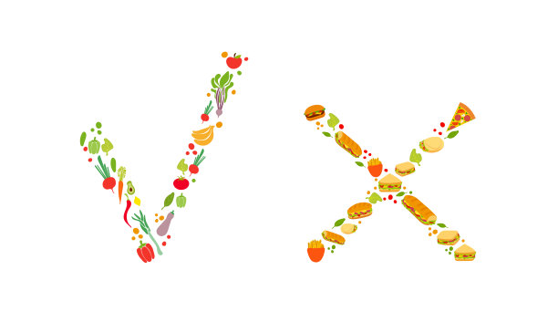 矢量插图，健康饮食与快餐，检查和交叉标记孤立在白色背景，涂鸦蔬菜和汉堡。图片下载