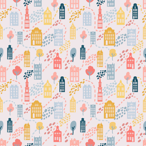 欧洲的老房子。手绘无缝图案与老建筑。德国，荷兰风格的房子。可爱的向量的背景。图片下载