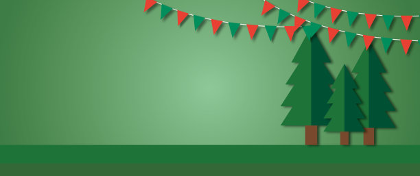 纸彩旗与圣诞树和绿色背景灯。圣诞快乐，新年快乐。图片下载