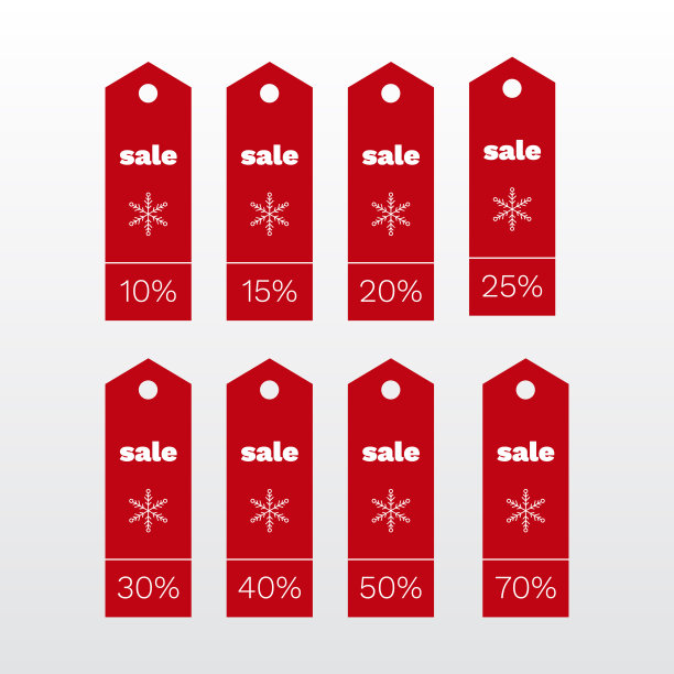 购物标签图标设置冬季销售。10 15 20 25 30 40 50 60 70 75 80 90%的向量。红色和白色孤立折扣符号与雪花。用于商业、装饰、设计的标签图片下载
