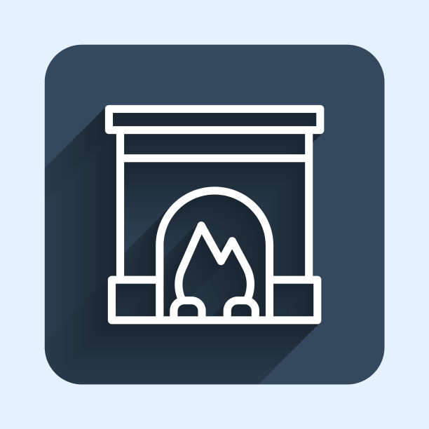 白线室内壁炉图标孤立与长阴影背景。蓝色方块按钮。向量图片下载