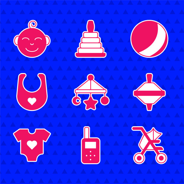 设置婴儿床挂玩具，监视器对讲机，婴儿车，Whirligig，衣服，围嘴，沙滩球和小男孩的头图标。向量图片下载